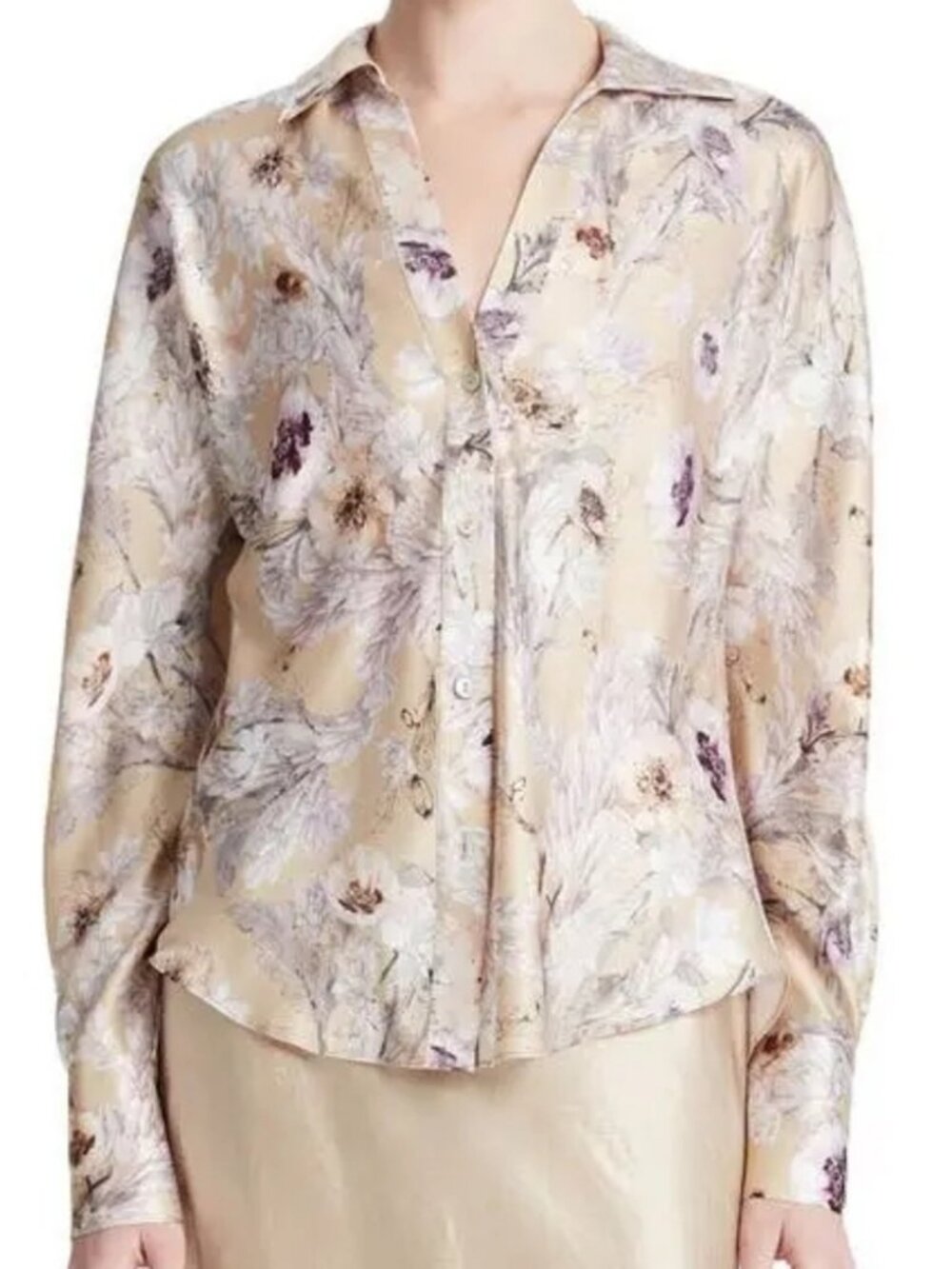 Vince Wildflower Bias Cut Silk Shirt Cream Purple Pink Size Large